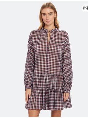 THE GREAT. Burgundy and White Plaid Tie-Neck Tiered Mini Dress (Timber 47785)